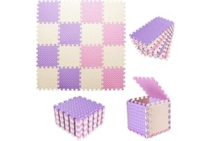 Tamiplay Foam Play Mat for Baby, 0.4 Inch Thicked Interlocking Floor Mats with Solid Colors, Soft Non-Toxic Squares Baby Play Mat, EVA Foam Puzzle Floor Mat for Toddler, 16 Tiles(Pink/Beige/Purple)
