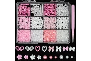 UOTEY 3D Nail Charms Accessories Pink Color Bows Nail Charms, Acrylic Spring Blossom Tiny Flowers Heart Pearls Nails Charms Mix Sizes Flatback Pearls Charm for Manicure DIY Crafts Jewel Accessories