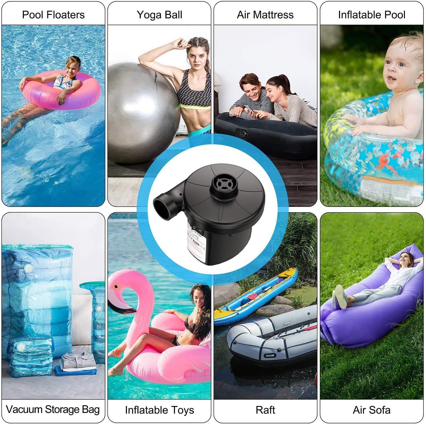 KERUITA Electric Air Pump, Air Mattress Portable Pump for Inflatables Pool Floats, Blow up Pool Raft Bed Boat Toy, Inflator Deflator with 3 Nozzles, 110-120 Volt, 130W: Sports & Outdoors