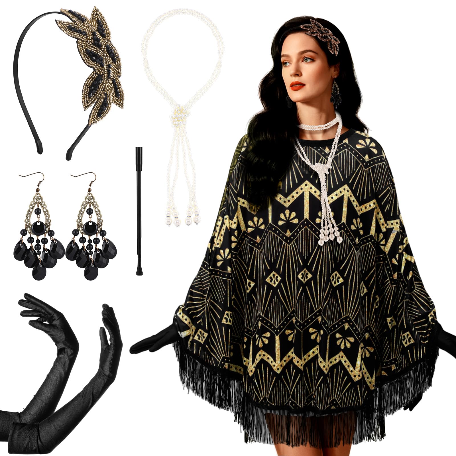 Photo 1 of ***similar***Floraltop 6 Pcs 1920s Flapper Costume Accessories Set for Women Fringed Poncho Flapper Shawl Outfits (Black Gold,Fashion)