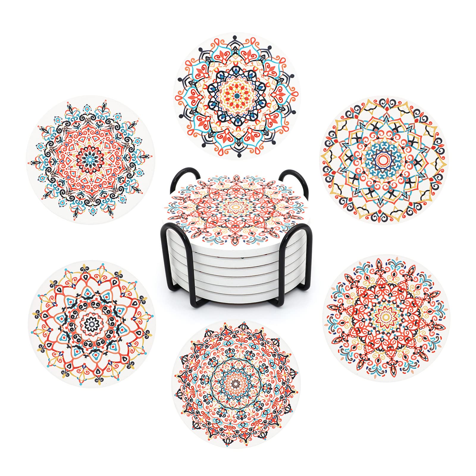 STARUBY Drink Coasters Set of 6 Ceramic Coaster Beautiful Absorbent Coaster Drink Mat with Cork Base vintage Flower Patterns Round Coaster Non Slip for Coffee,Beer,Mug,Wine Glass Bottle,Home and Bar