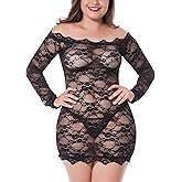 LINGERLOVE Plus Size Women's Sexy Babydoll Dress Lingerie Floral Lace Off Shoulder Chemise Sleepwear