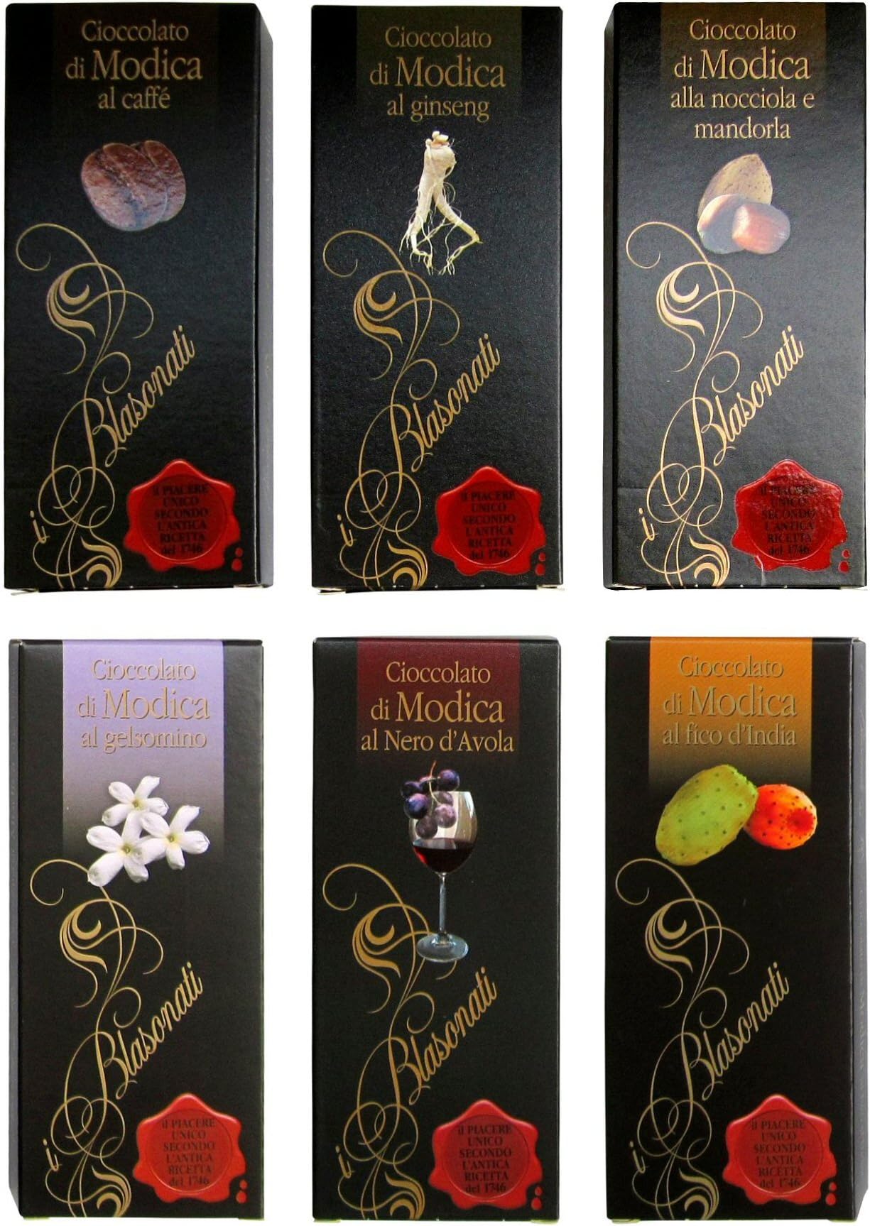 I Blasonati: Modica Chocolate - Set of 6 Different Flavors (Coffee, Ginseng, Hazelnut and Almond, Jasmine, Nero d'Avola, Prickly Pear) [ Italian Import ]