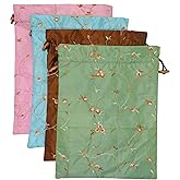 Ouyatoyu 4pcs Embroidered Silk Flower Design Jacquard Travel Bag, Laundry Bags Shoe Bags, Lingerie Bags Underwear Bags for Travel Storage for Men Women Washable Cloth Shoe Bags