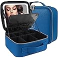 MOMIRA Travel Makeup Bag Cosmetic Bag Makeup Organizer Bag with Lighted Mirror, Adjustable Brightness in 3 Color Scenarios, Waterproof Makeup Train Case, Gift for Women - Cyan Blue
