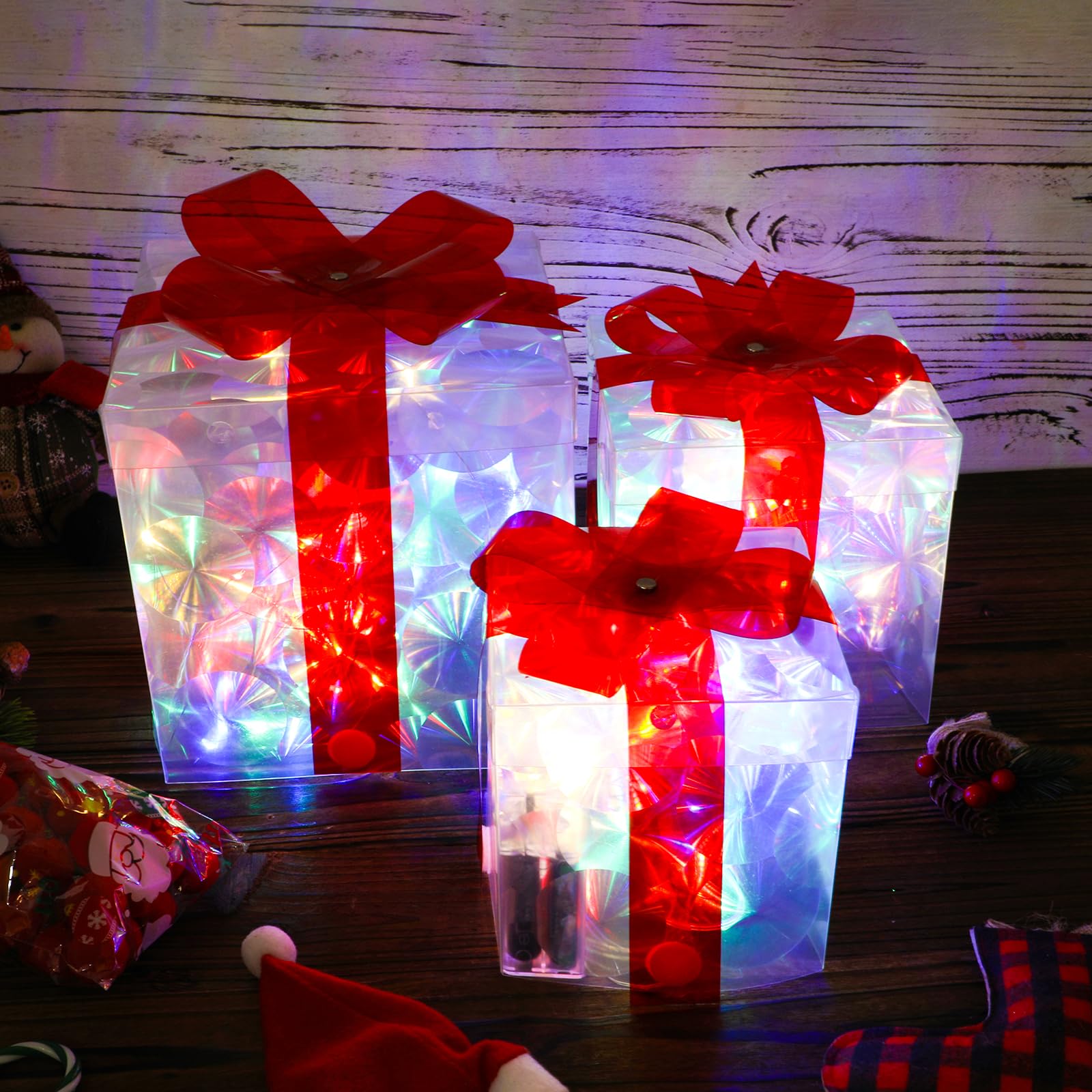 BTFO 3pcs Lighted Gift Boxes Set, Christmas Lighted Gift Box with Bows LED Lights Gift Boxes White Tinsel Present Boxes Christmas Tree Decorations for Christmas Decorations