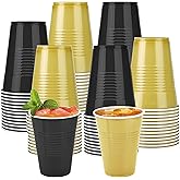 Kochorie 100 Pack 16 Ounce Disposable Plastic Cups Black and Gold Plastic Party Cups Heavy Duty Drinking Cup Bulk for Party Graduation Wedding Birthday Halloween Festival Supplies