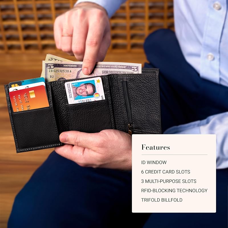 Portefeuille en cuir véritable avec blocage RFID pour homme, design à deux volets, plusieurs emplacements pour cartes de crédit, carte d'identité, Noir/Walk By Faith, Taille unique — photo 2 sur 6