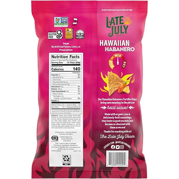 LATE JULY SNACKS, HAWAIIAN HABANERO CORN TORTILLA CHIPS, 7.8 OZ BAG