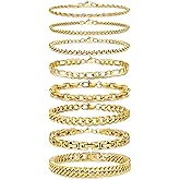 REVOLIA 8Pcs Stainless Steel Chain Bracelets for Men Women Cuban Link Bracelets Paperclip Figaro Rope Chain Bracelets Set 6.8-9 Inches