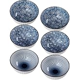 Yuanlity 10 oz Small Ceramic Bowls Set of 6, 4.5 Inch Japanese Blue and White Bowls for Ice Cream, Rice, Dessert, Snack, Dipping, Microwave and Dishwasher Safe - Mixing Pattern