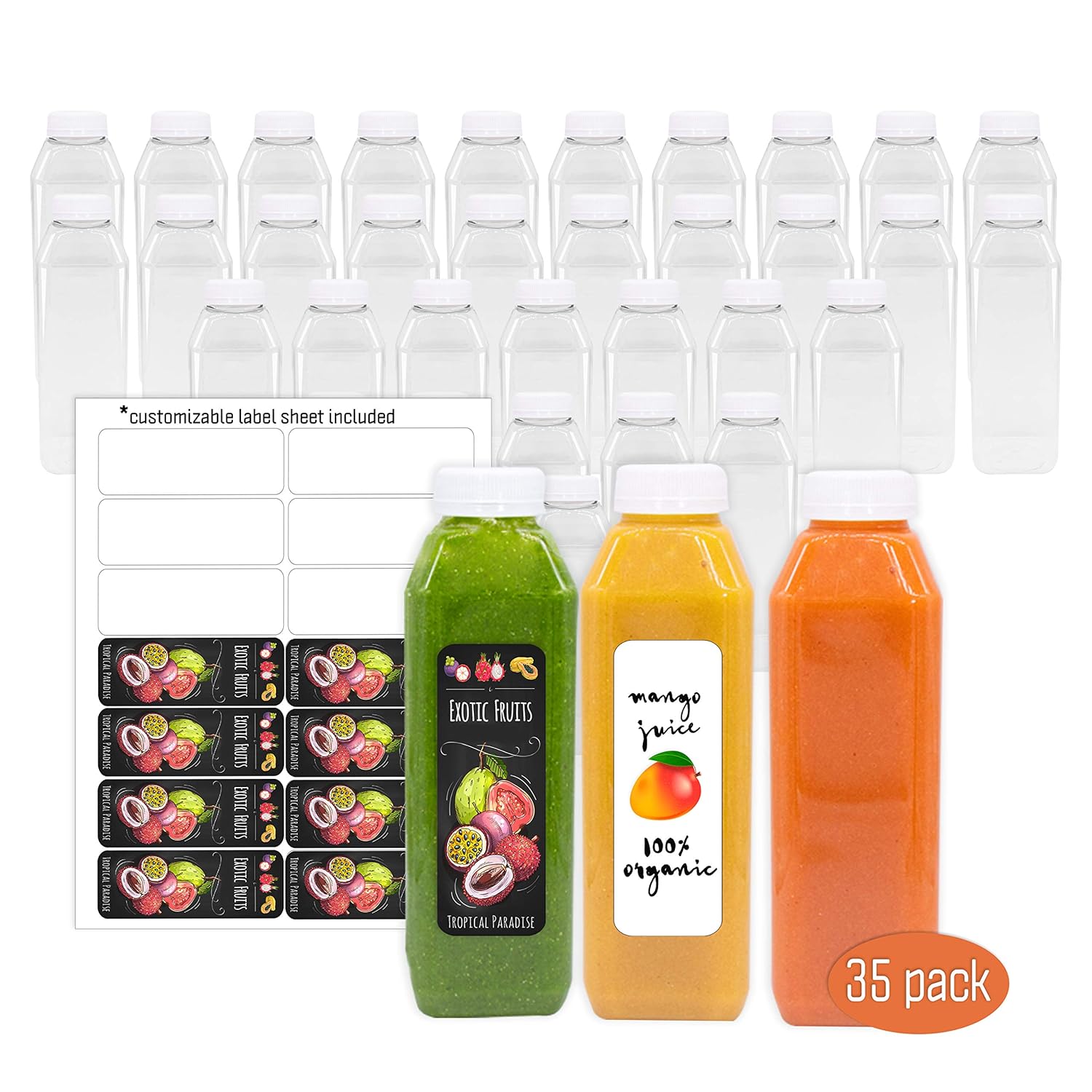 Empty PET Plastic Juice Bottles - Pack of 35 Reusable Clear Disposable Milk Bulk Containers with Labels and Tamper Evident Caps (10 OZ, White)