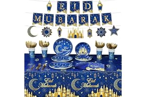 Nuanchu 172 Pcs Eid Mubarak Party Decorations Ramadan Kareem Party Supplies 9" Plates 7" Plates Cups Cutlery Napkins 2 Tablecloths 2 Eid Mubarak Banner for Muslim Islamic Al Fitr , Serves 24