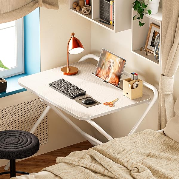 HUUGER FOLDING DESK WITH 3-LEVEL ADJUSTABLE HEIGHT AND TABLET SLOT, 24 INCH FOLDABLE COMPUTER DESK FOR SMALL SPACES, SPACE SAVING, WRITING WORK TABLE FOR HOME OFFICE, BEDROOM, STUDY, WHITE