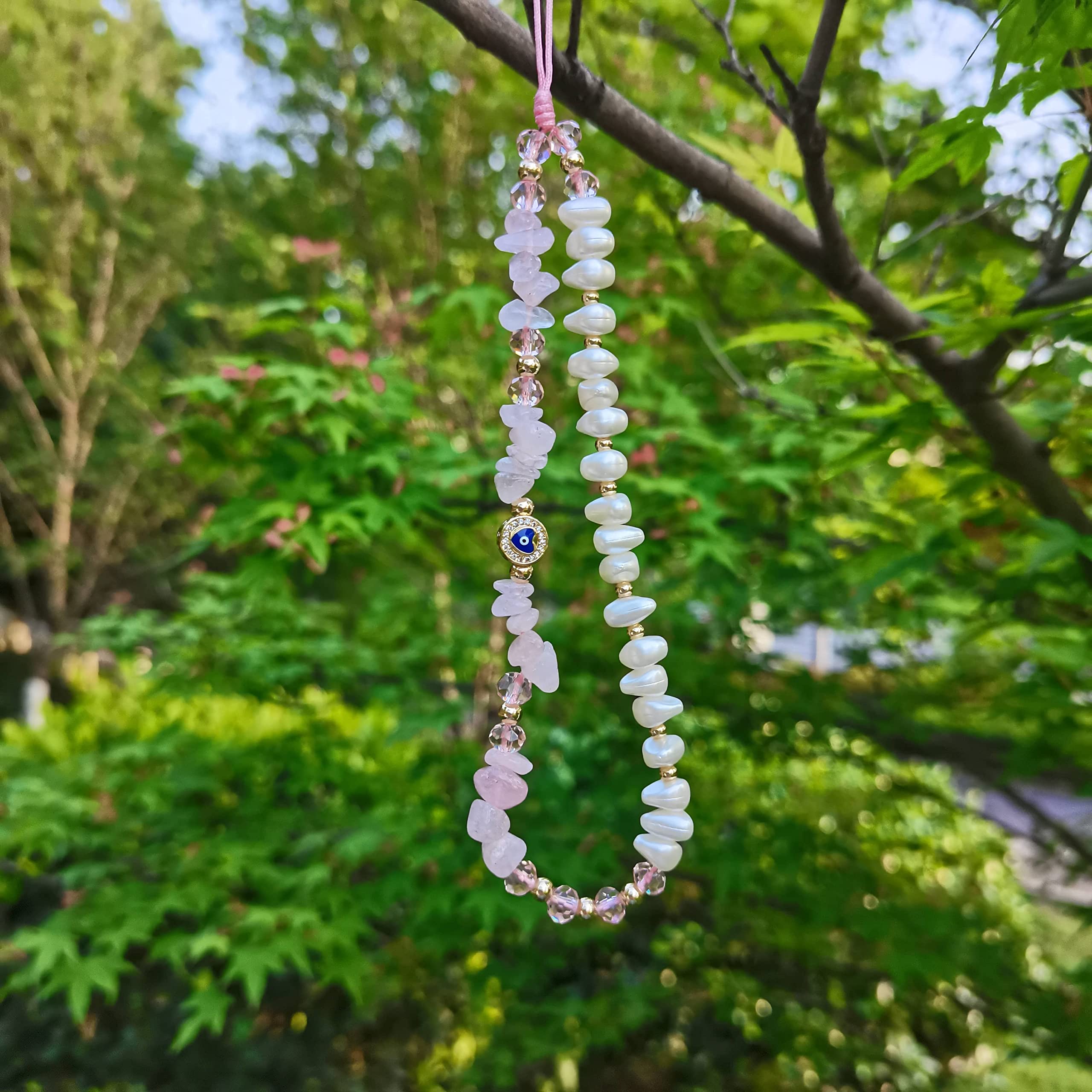 Healing Crystal Phone Charm, Amethyst Rose Quartz Aventurine Natural Stone Strap, Evil Eye Phone Keychain Chain Accessory