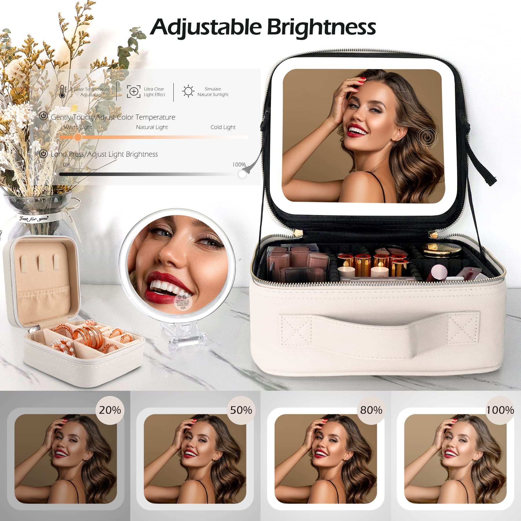 Wangselect Travel Vanity Bag with Light and Mirror Travel Makeup Train Case Cosmetic Bag Organizer with Adjustable Dividers Portable Storage Adjustable Partition Traveling Makeup Box Khaki