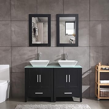 48 Double Sink Bathroom Vanity Combo Glass Top Black Paint