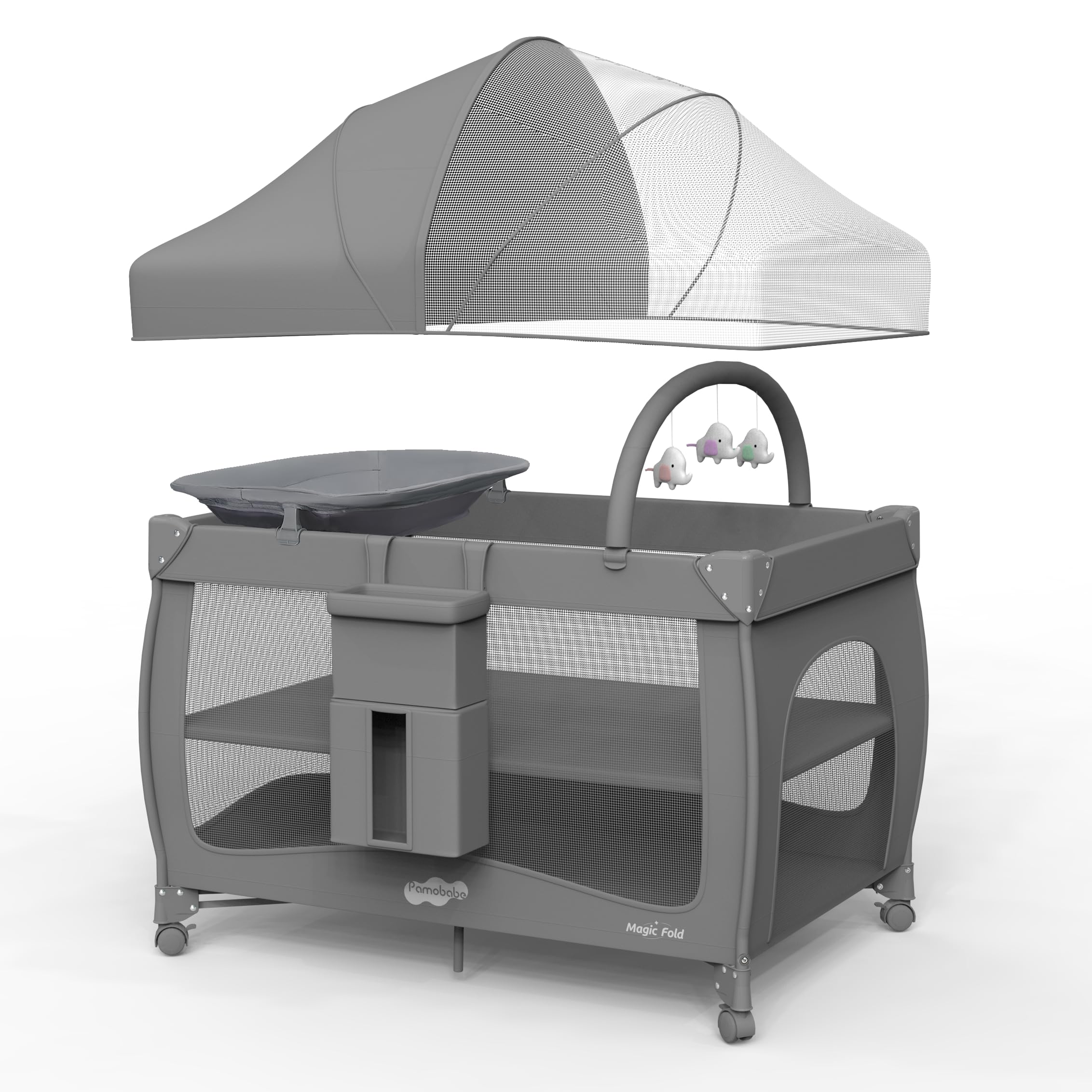 Pamo Babe 7 in 1 Pack and Play, Bassinet, Portable Crib, Diaper Changer, Magic Fold™ Quick Setup Playard with Mattress, Mosquito Net, Zipper Door, Toy Arch for Newborn to Toddler Image