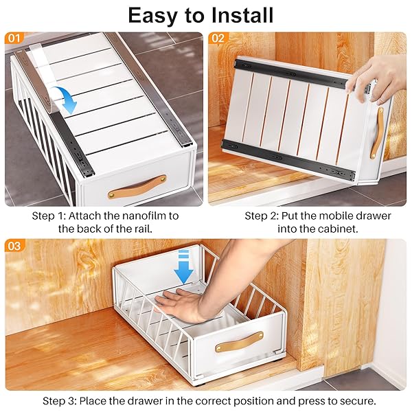 PULL OUT CABINET ORGANIZER FIXED WITH ADHESIVE NANO FILM,HEAVY DUTY SLIDE OUT PANTRY SHELVES DRAWER STORAGE,SLIDING MESH CABINET BASKET WITH HANDLE FOR KITCHEN, BATHROOM,HOME, 15.8″W X 21″D X6.2″H