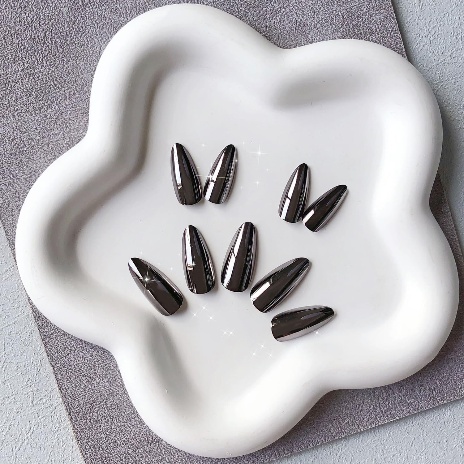 Smoky Grey Chrome Press on Nails Medium Almond, KQueenest Mirror Metal Stiletto Fake Acrylic Nails with Bling Design, Black Glue on Nails for Daily Party Wear, False Nails Press ons in 24 PCS - Image 4