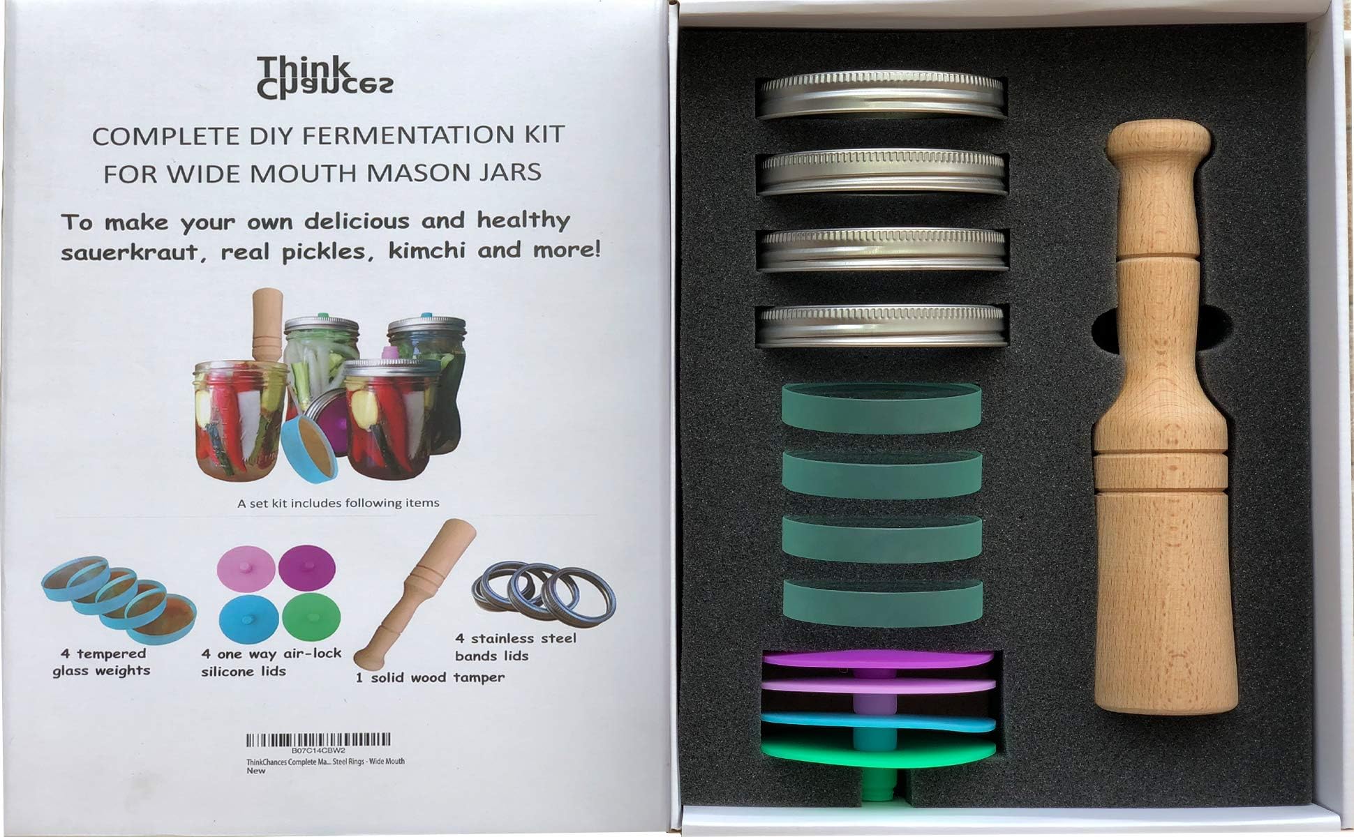 ThinkChances Complete Mason Jar Fermentation Kit - Glass Weights, Vegetable Pounder,Silicone Airlocks and Stainless Steel Rings - Wide Mouth