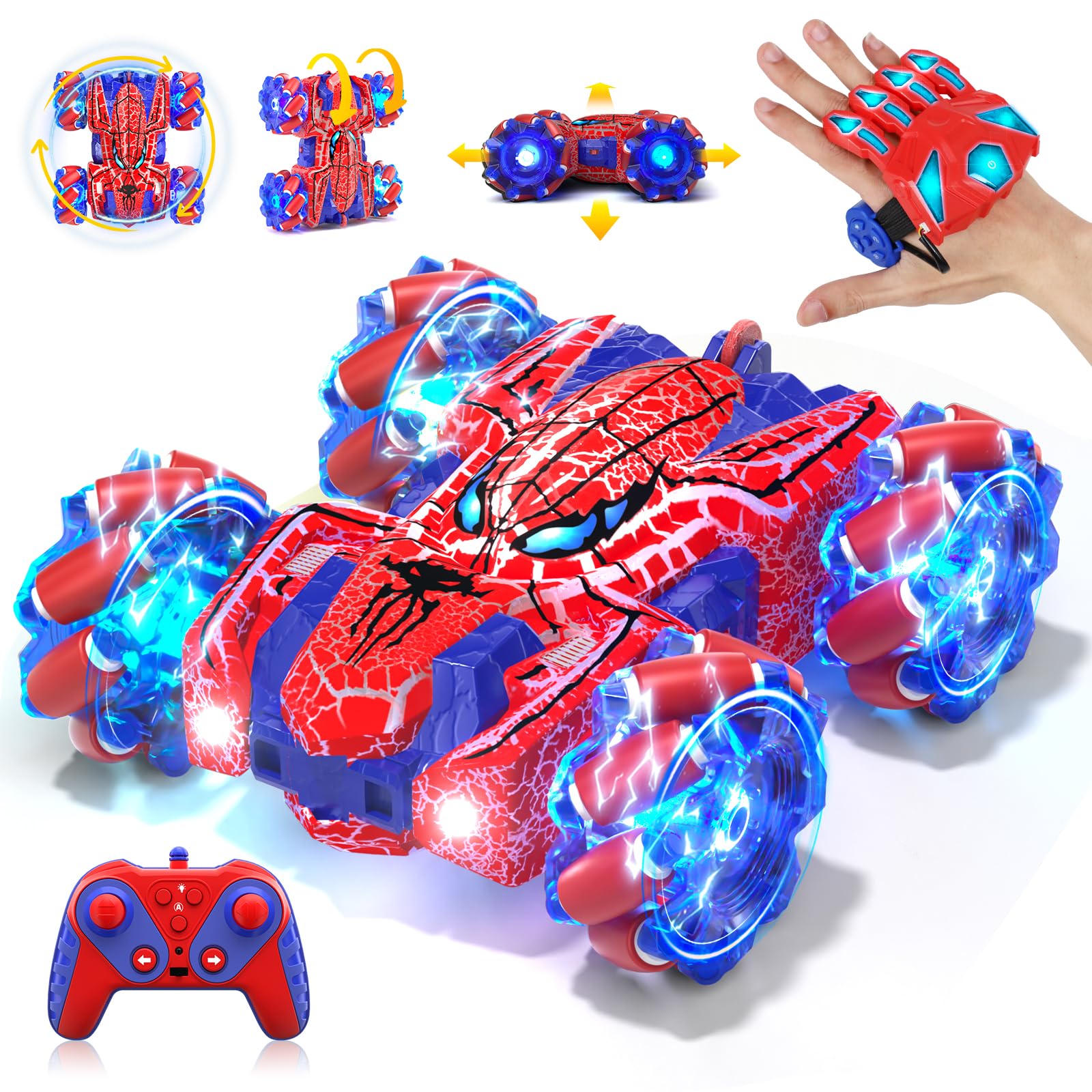 Spider Gesture Sensing Remote Control Car, Double Sided RC Cars with Full-body Light, 2.4GHz Hand Controlled Rechargeable RC Stunt Car Spider Toys for Boys 4 5 6 7 8 9 10 11 12