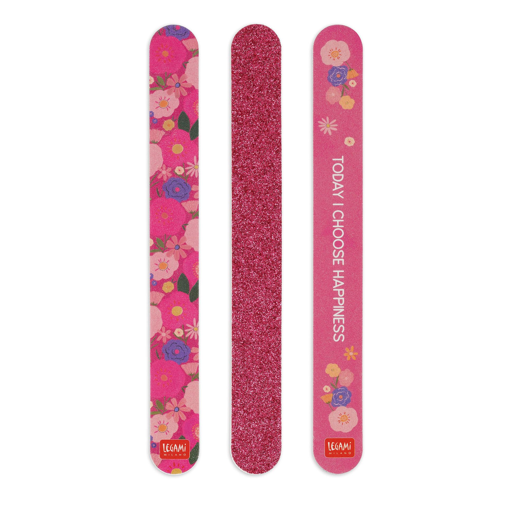 Legami - Set of 3 Nail Files, Flowers Theme, Nails Before Males, 3 Files Suitable for Shortening, Filing and Shaping All Types of Nails, for Precise Manicure, 2 x 18 cm