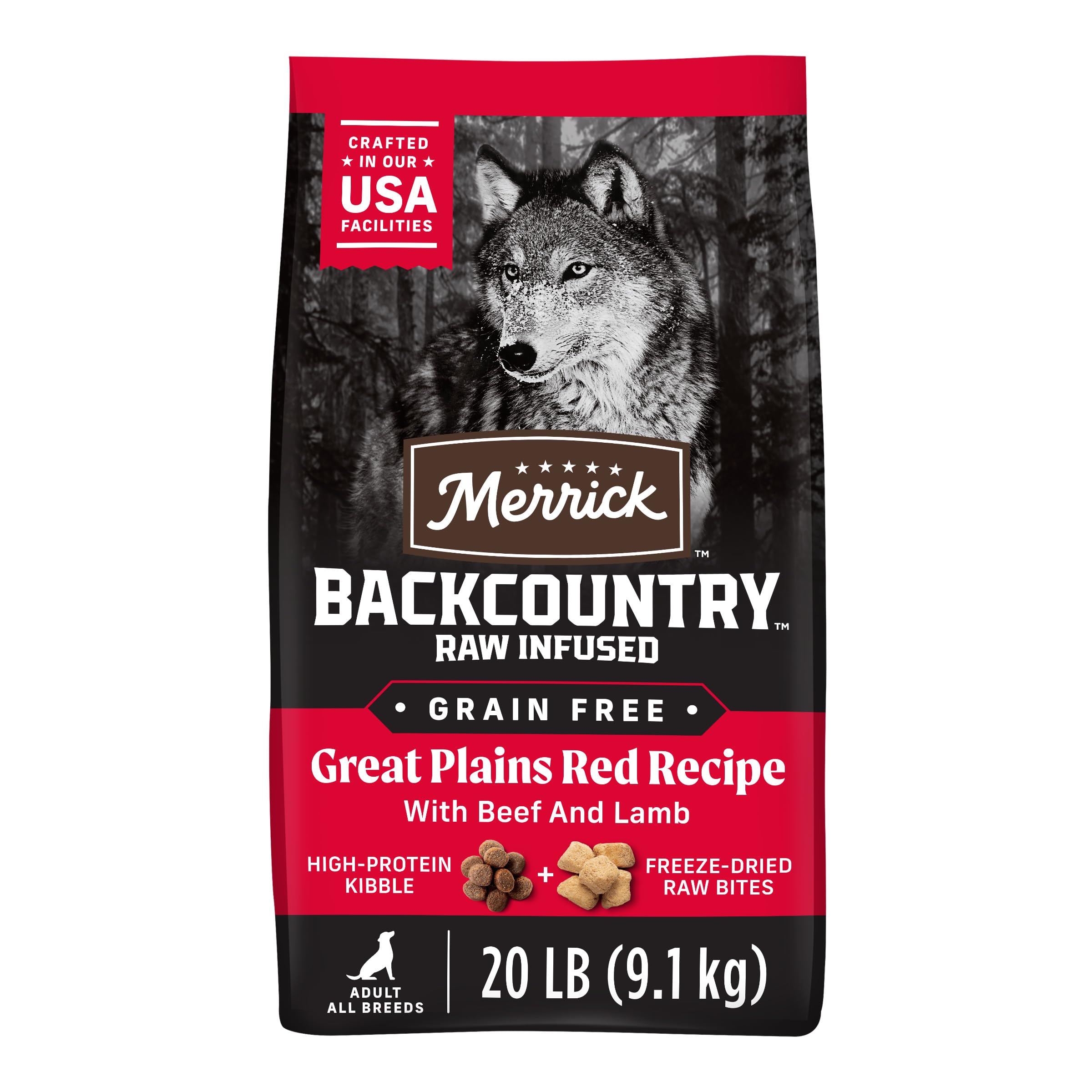 Merrick Backcountry Grain Free Dry Adult Dog Food Kibble With Freeze Dried Raw Pieces, Great Plains Red Recipe - 20.0 lb. Bag Image
