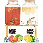 1 Gallon Glass Drink Dispenser with Stand, 2pack Drink Dispensers For Parties, Beverage Dispenser With Bamboo Lid and Stainless Steel Spigot Leakproof, Use On Sun Tea, Juice, Lemonade Dispenser