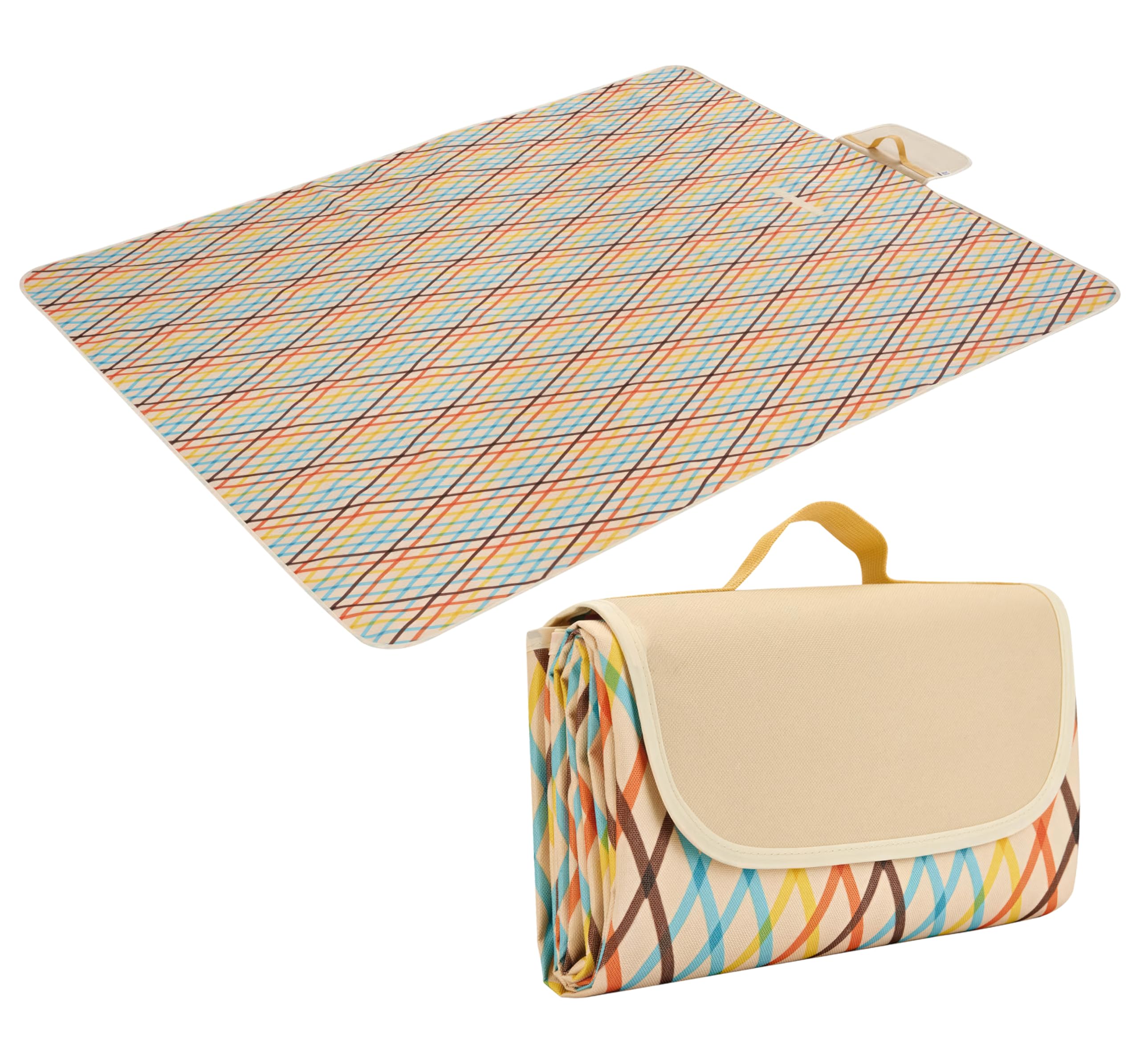Neez Picnic Blanket Waterproof - Extra Large 200×195cm Beach Blanket with Carrying Handle - Sand Free Washable and Foldable Beach Mat - Outdoor Blankets for Garden, Camping (Rainbow Grid)