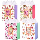 ZJHiome Medium Gift Bags, 4 Pack 9''Floral Paper Bag with Tissue Paper for Anniversary Birthday Wedding Baby Shower Easter Party(Floral)
