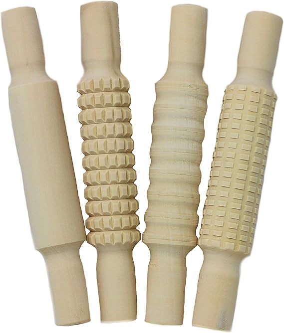 4 Textured Wooden Rolling Pins Craft Supplies 21cm x 3.6cm Playdough