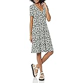 Amazon Essentials Women's Short Sleeve V-Neck Gathered Fit and Flare Dress