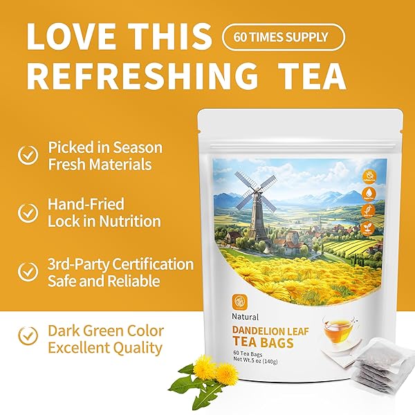 DANDELION LEAF & ROOT TEA WITH 60 COUNTS ORGANIC – SUPPORTS KIDNEY & LUNG FUNCTION, CAFFEINE FREE