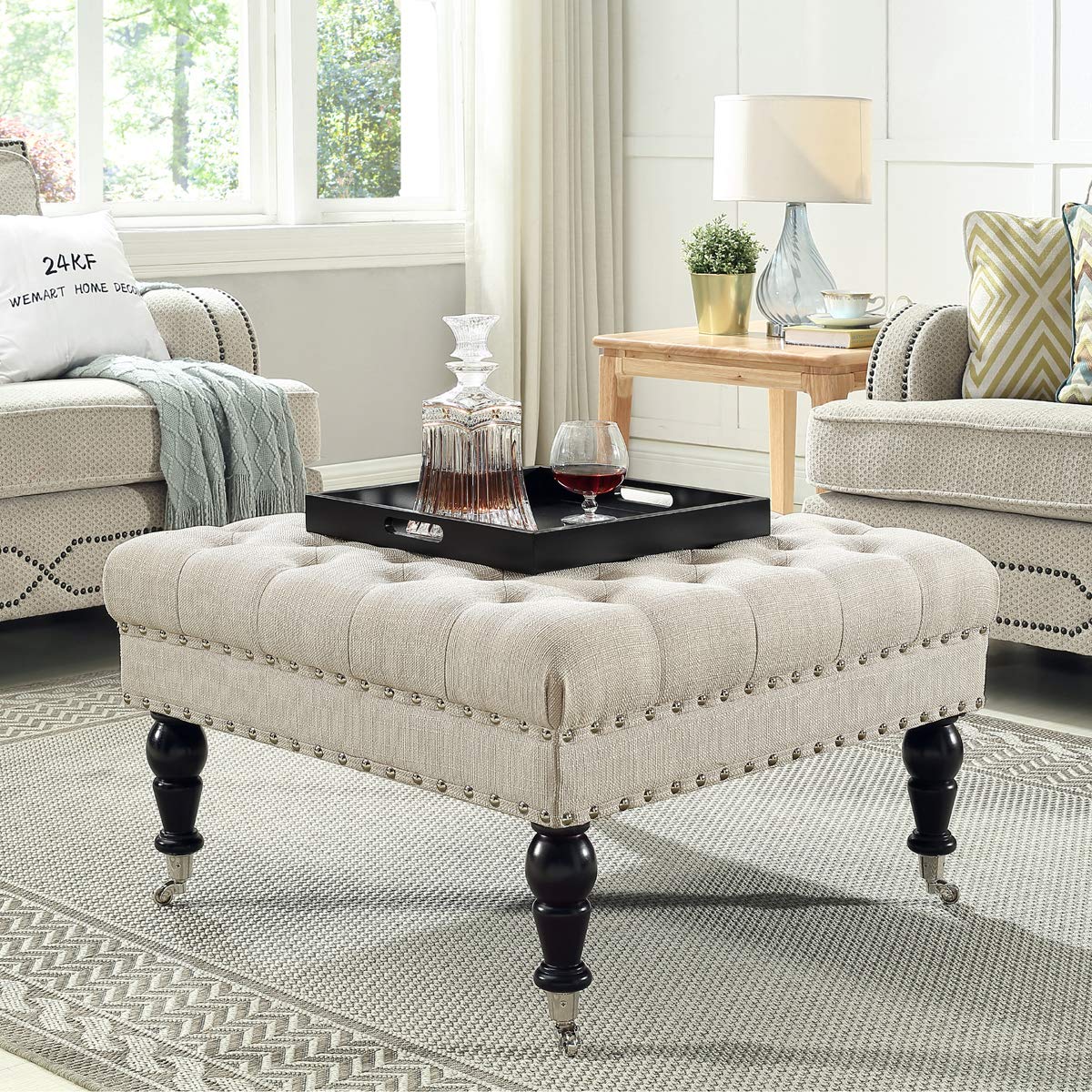 Buy 24KF Large Square Upholstered Tufted Button Linen Ottoman Coffee