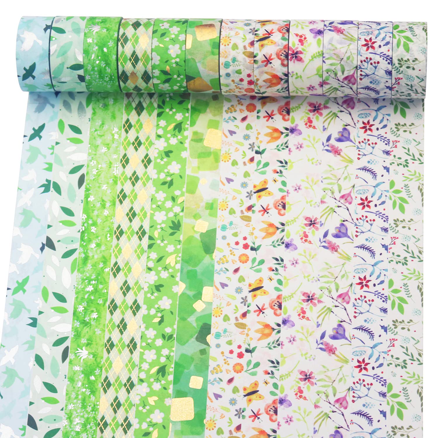 YUBX Gold Washi Tape Set VSCO Silver Decorative Tape for DIY Crafts, Bullet Journals, Planners, Scrapbooking, Wrapping 15mm Wide (Spring 12 Roll)