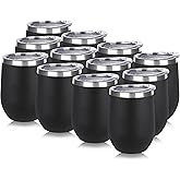 DOMICARE Stainless Steel Wine Tumbler Bulk with Lid, Personalized Insulated Tumblers Set, 12oz Travel Coffee Cups Pack of 12, Black