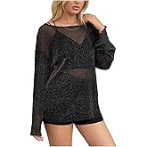 MakeMeChic Women's Mesh Sheer Bell Sleeve T Shirt Sparkly Lettuce Trim Y2k Tee Tops