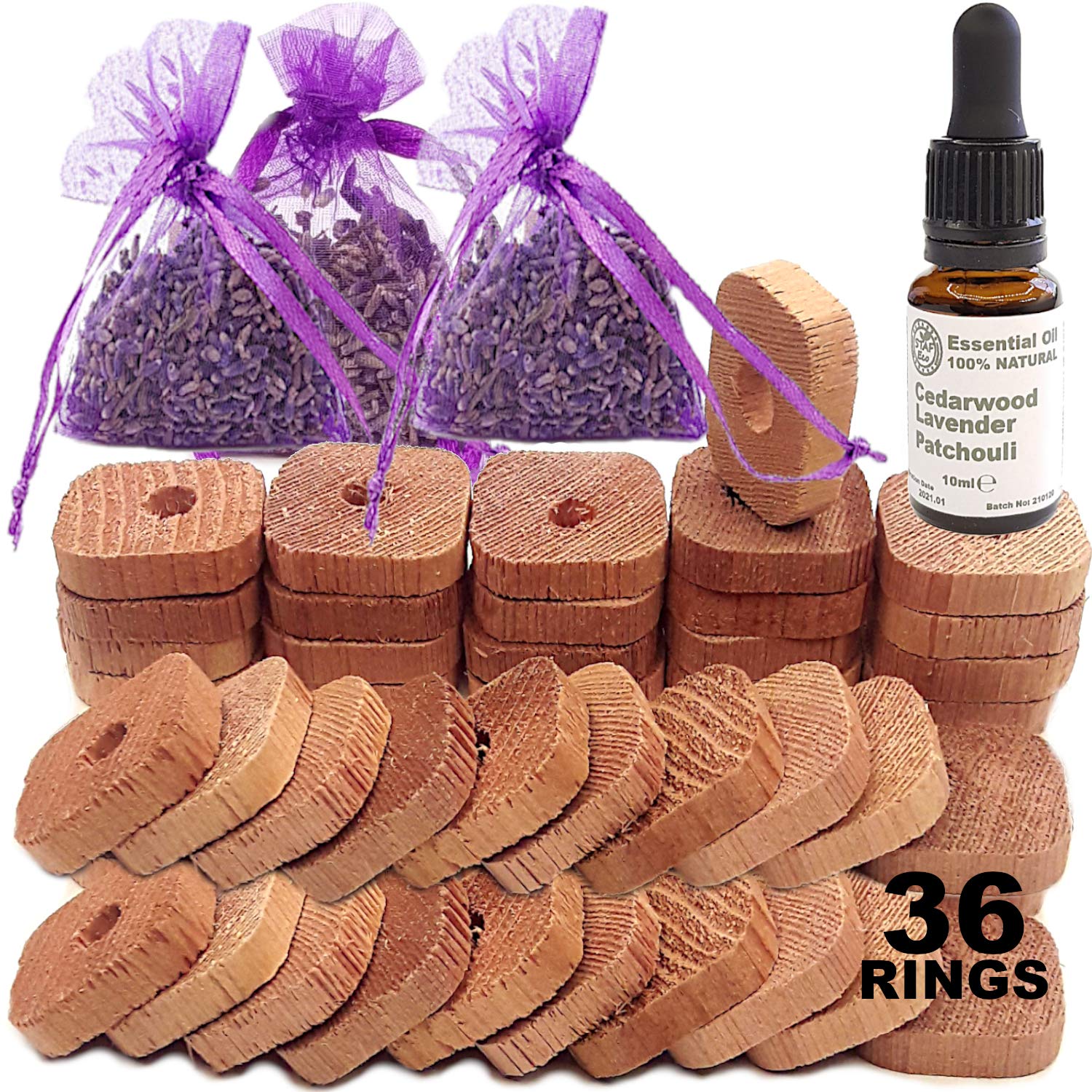 STAFECO Moth Repellent for Wardobes Natural Cedar Wood Lavender Dried Bags Cedarwood Rings Anti Clothes Moths Oil 100% (Medium F)