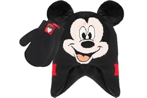 DISNEY Mickey Mouse 2 Pc. Hat and Snow Gloves Set for Boys and Toddlers, Kids Warm Pom-Pom Beanie and Cute Red Mittens