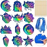 Motipuns 96 Pcs Blue Ramadan Craft Scratch Paper Eid Mubarak Art Kits Magic Color Scratch Off Cards Hanging Ornaments Craft Al-fitr Home Activity for DIY Drawing Project Party Supplies