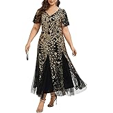 Ever-Pretty Plus Women's Evening Cocktail Dress Elegant Mermaid Sequin V Neck Short Sleeves Maxi Plus Size Formal Gown