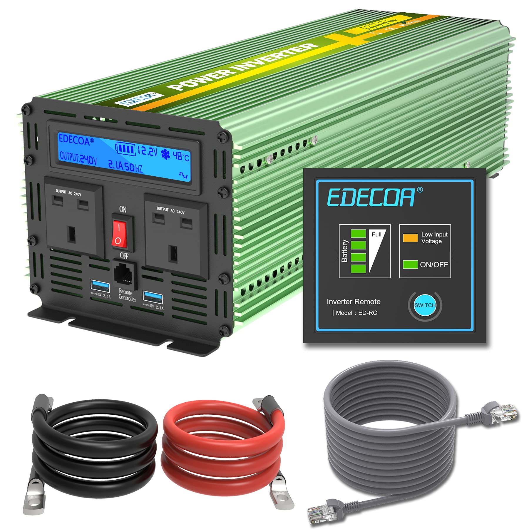 EDECOA 3000W Power Inverter Modified Wave DC 12V to 240V AC Converter with LCD Display, Remote Controller and Silent Fan