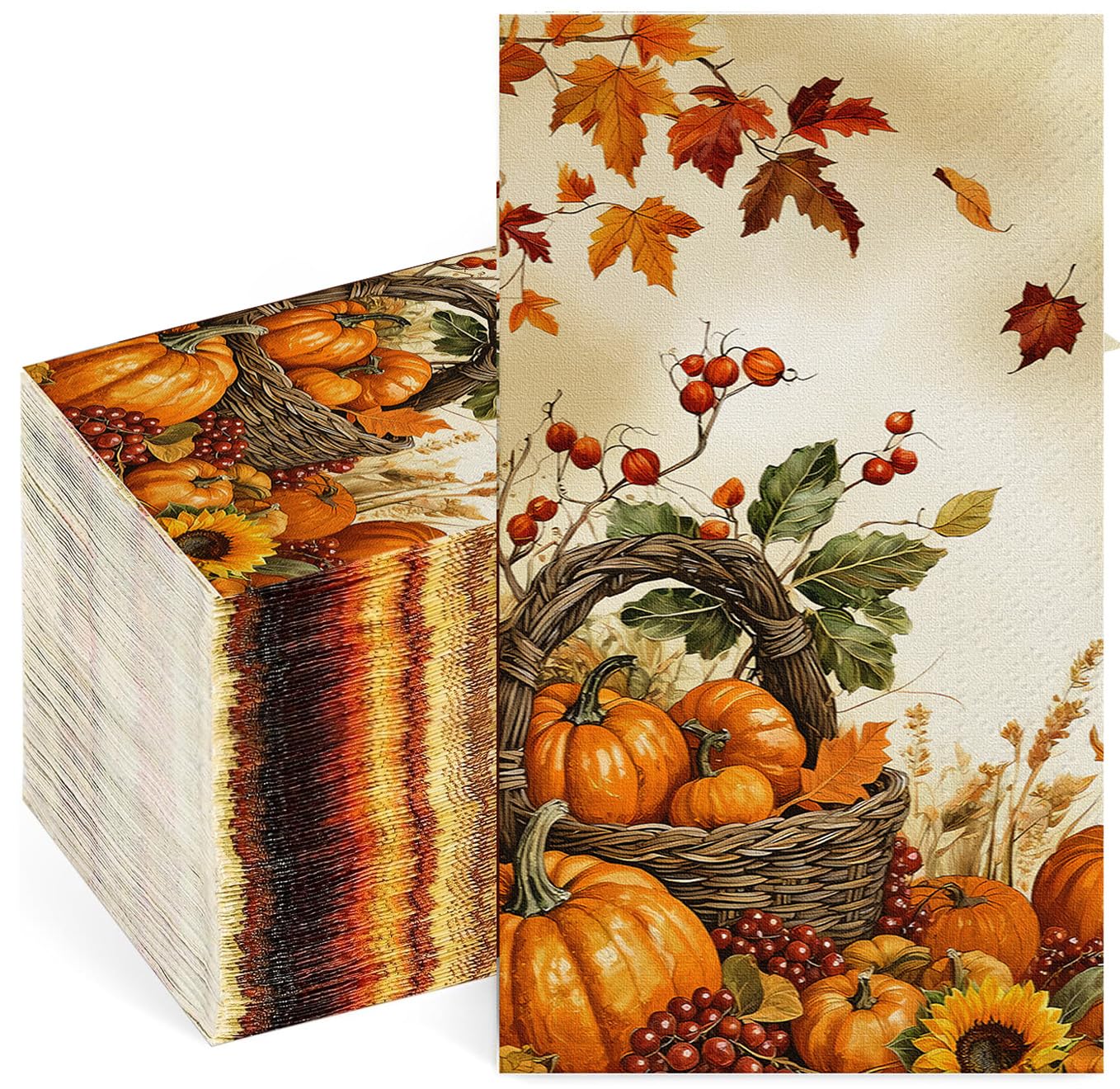 Photo 1 of 100PCS Thanksgiving Guest Napkins | Lunch Dinner Kitchen Bathroom, Fall Paper Napkins for Decoupage Thanksgiving Day Pumpkin Themed Decorations