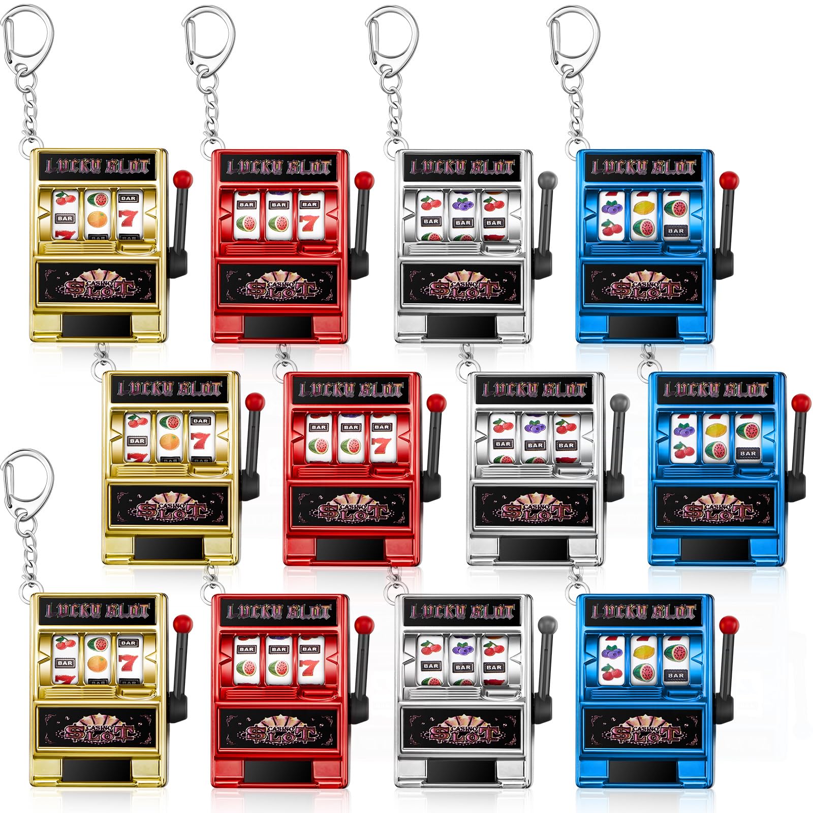Photo 1 of Panelee Slot Machine Keychain Bulk Las Vegas Keychains Mini Casino Kawaii Decoration for Las Vegas Carnival Party Gifts(Red, Gold, Blue, Silver,12 Pcs)