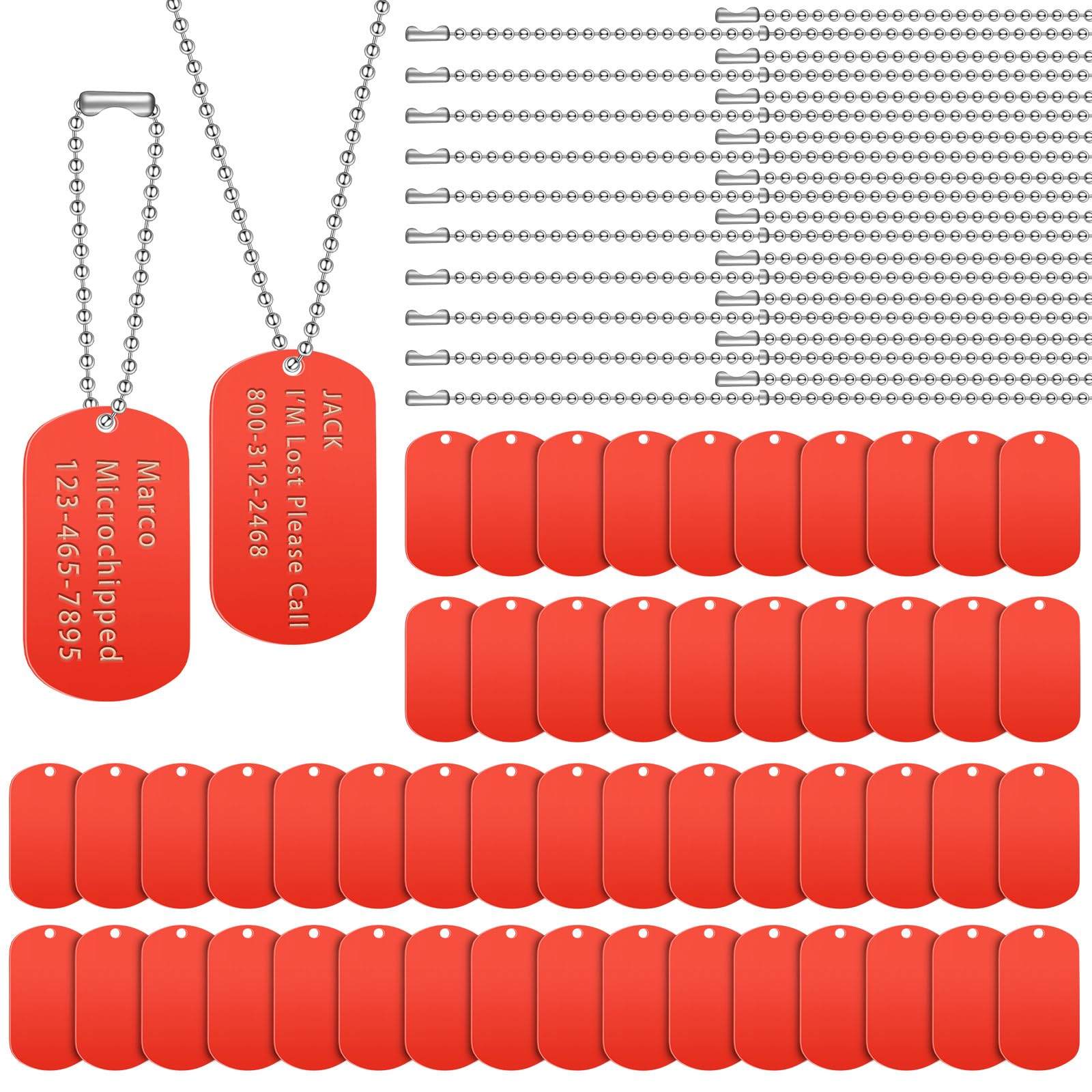 Photo 1 of Yinkin 200 Pcs Personalized Military Dog Tags Set Including 100 Pcs Aluminum Blank Dog Tags for Engraving 100 Ball Steel Chain Rectangle Metal Blank Stamping Label for DIY Craft(Red)