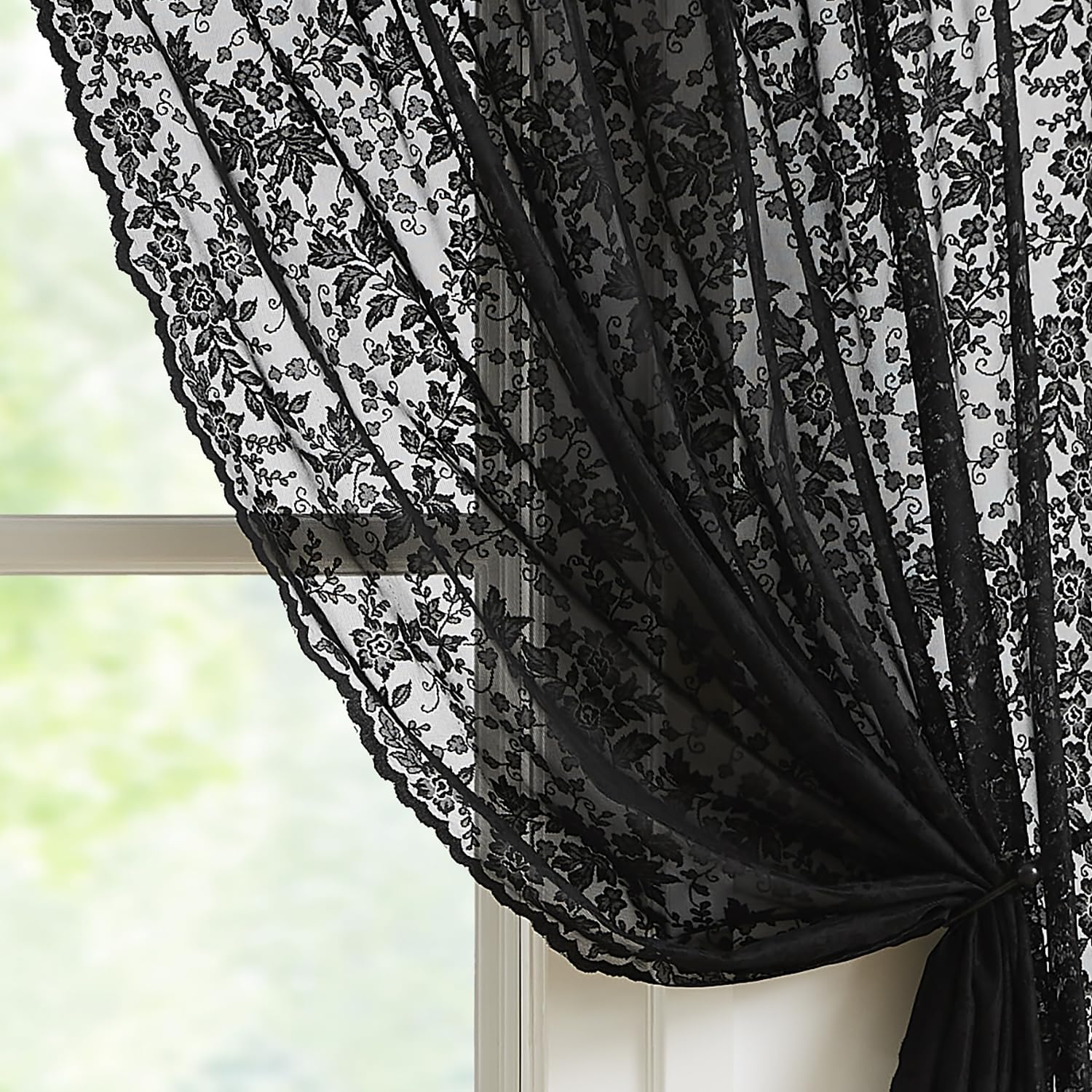 Abstractex Lace Net Sheer Curtains 54 Inches Long Black Floral Leaf Knitted Vine Vintage Light Filtering Embroidery Window Treatment for Girls Bedroom Living Room, Rod Pocket 58" W 2 Panels