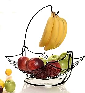 Fruit Basket + Detachable Banana holder, Elegant Fruit Bowl with Banana Tree Hanger, Black or Chrome for the classic look (black)