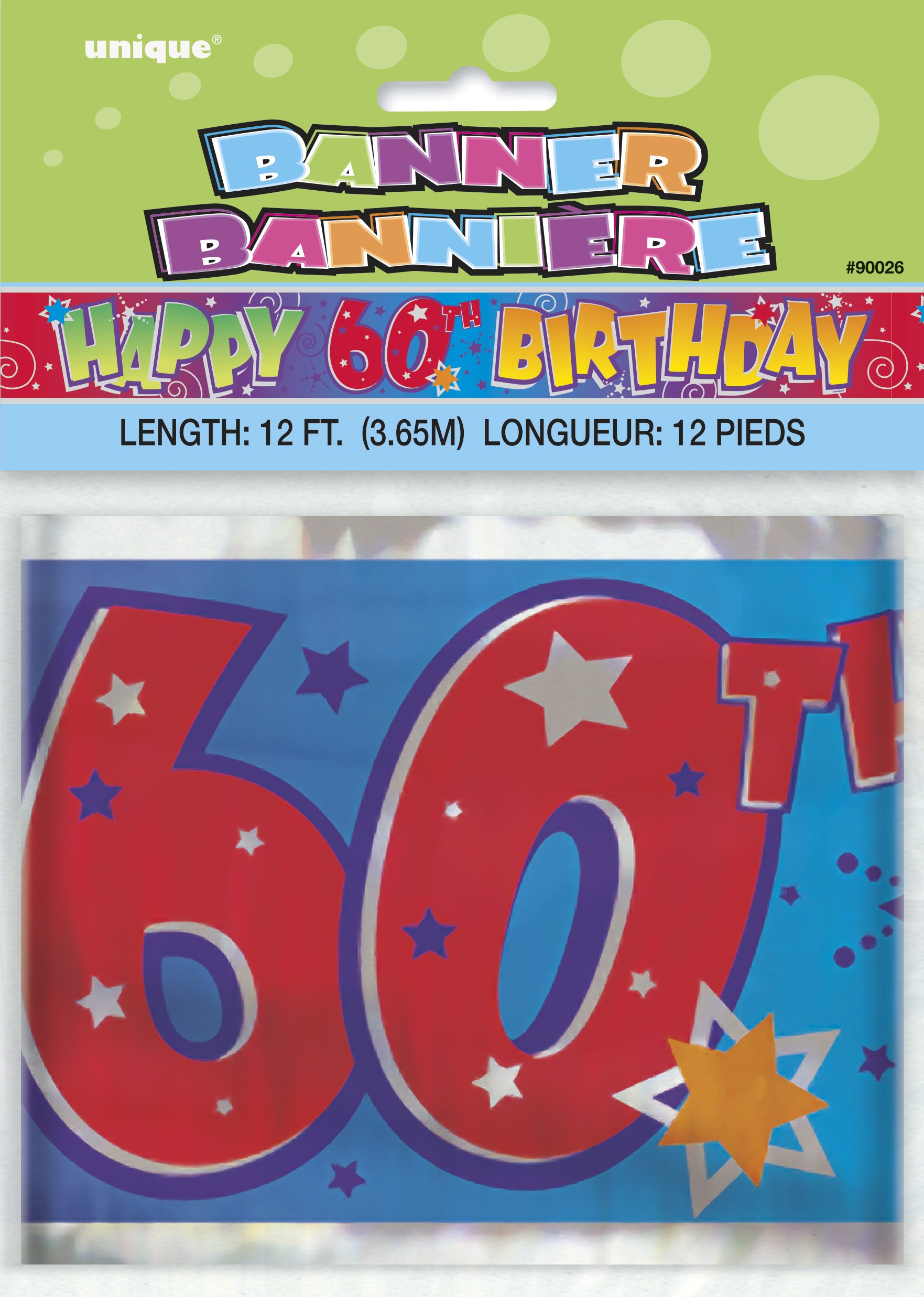 Unique 90026T Happy 60th Birthday Banner-12 ft | Disposable | Foil | Fun Art | 1 Pc, Multicolor, Age 60
