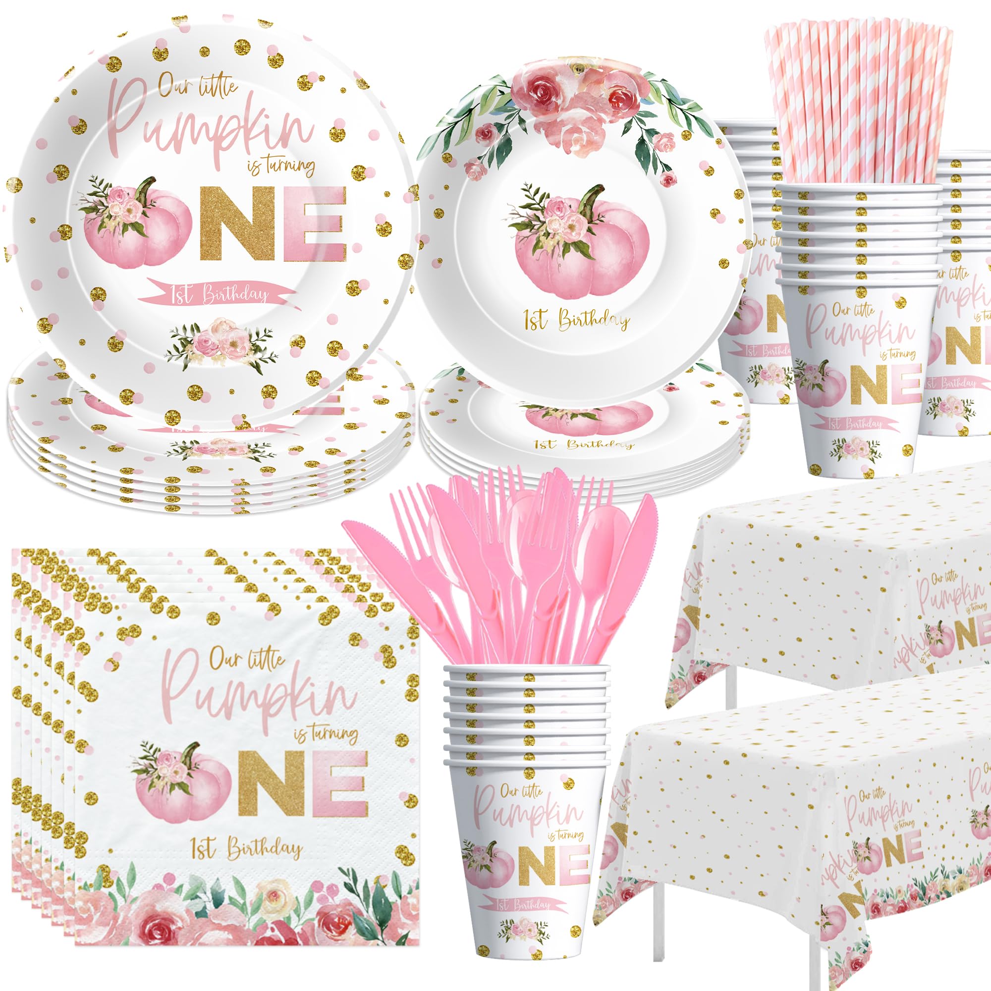 Photo 1 of Srua Don Our Little Pumpkin Is Turning One Decorations Tableware, Fall Thanksgiving Pumpkin 1st Birthday Decorations, Pink Floral Pumpkin First Birthday Party Supplies For Girls | Serve 24